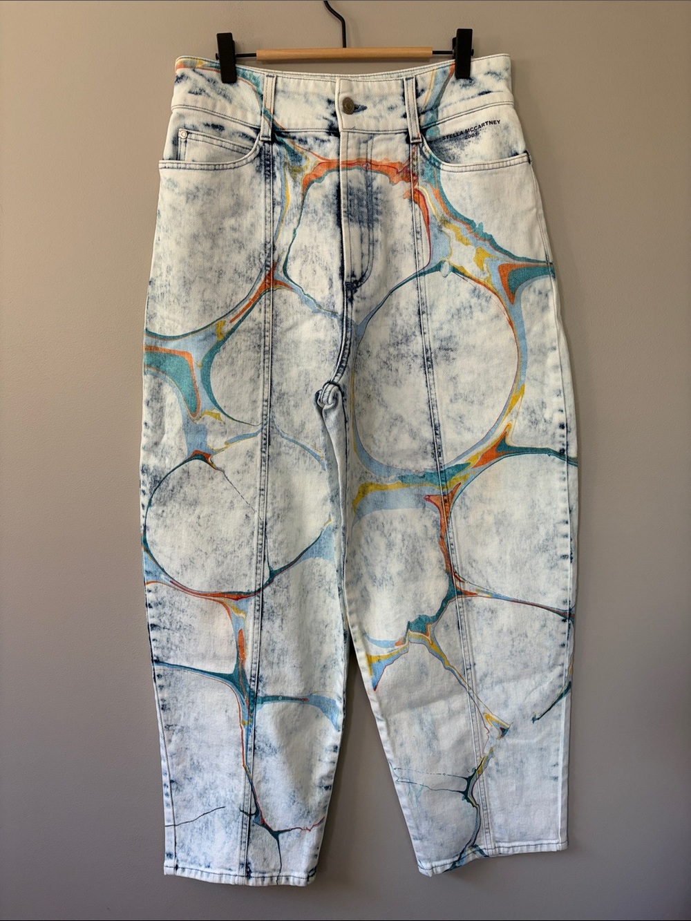 Stella McCartney High Rise Blue Marble Acid Wash Tapered Jeans Size 30 NWT